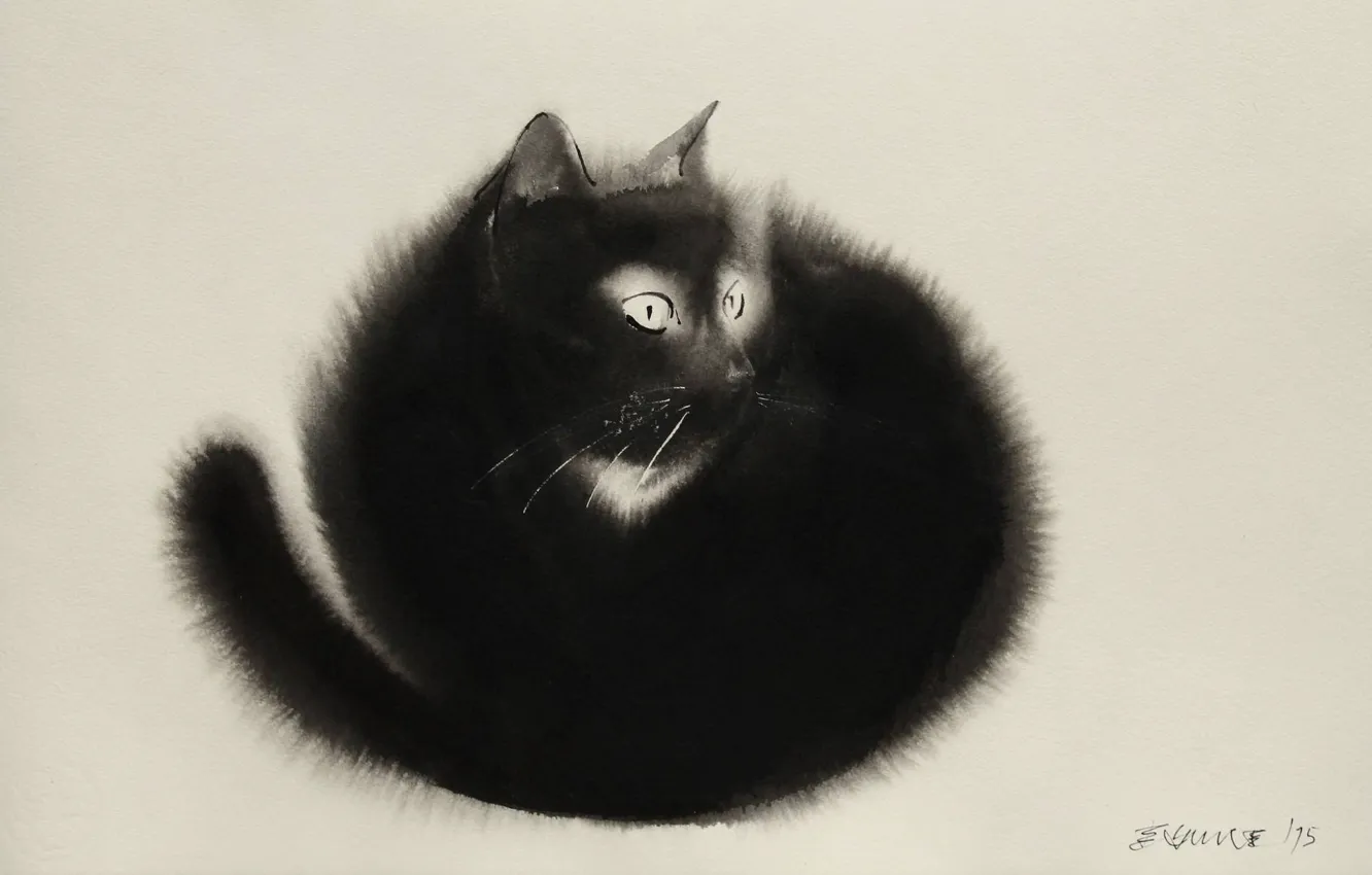 Photo wallpaper background, white, black, watercolor, painting, pussy, black cat, Endre Penovac