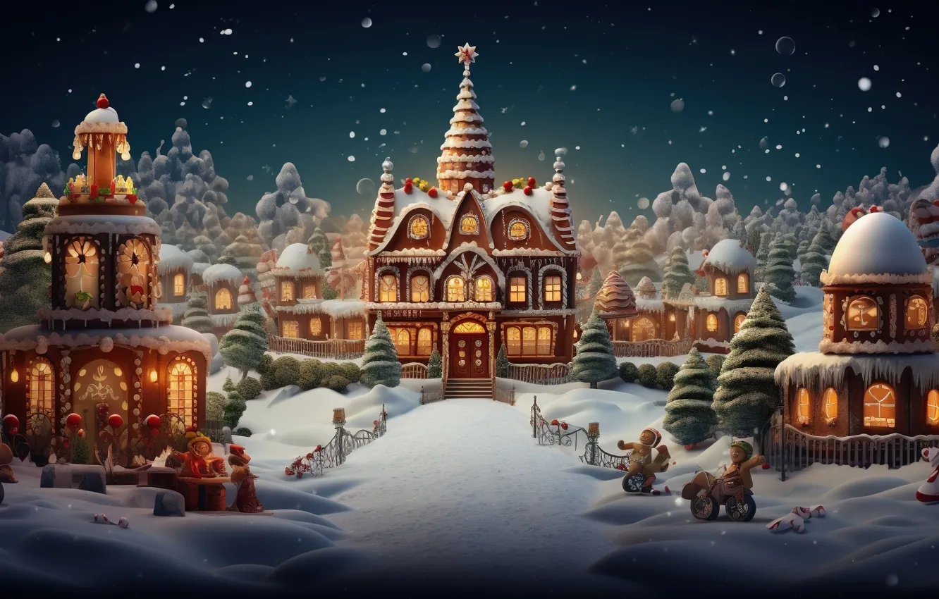Photo wallpaper winter, snow, new year, village, Christmas, house, house, Christmas