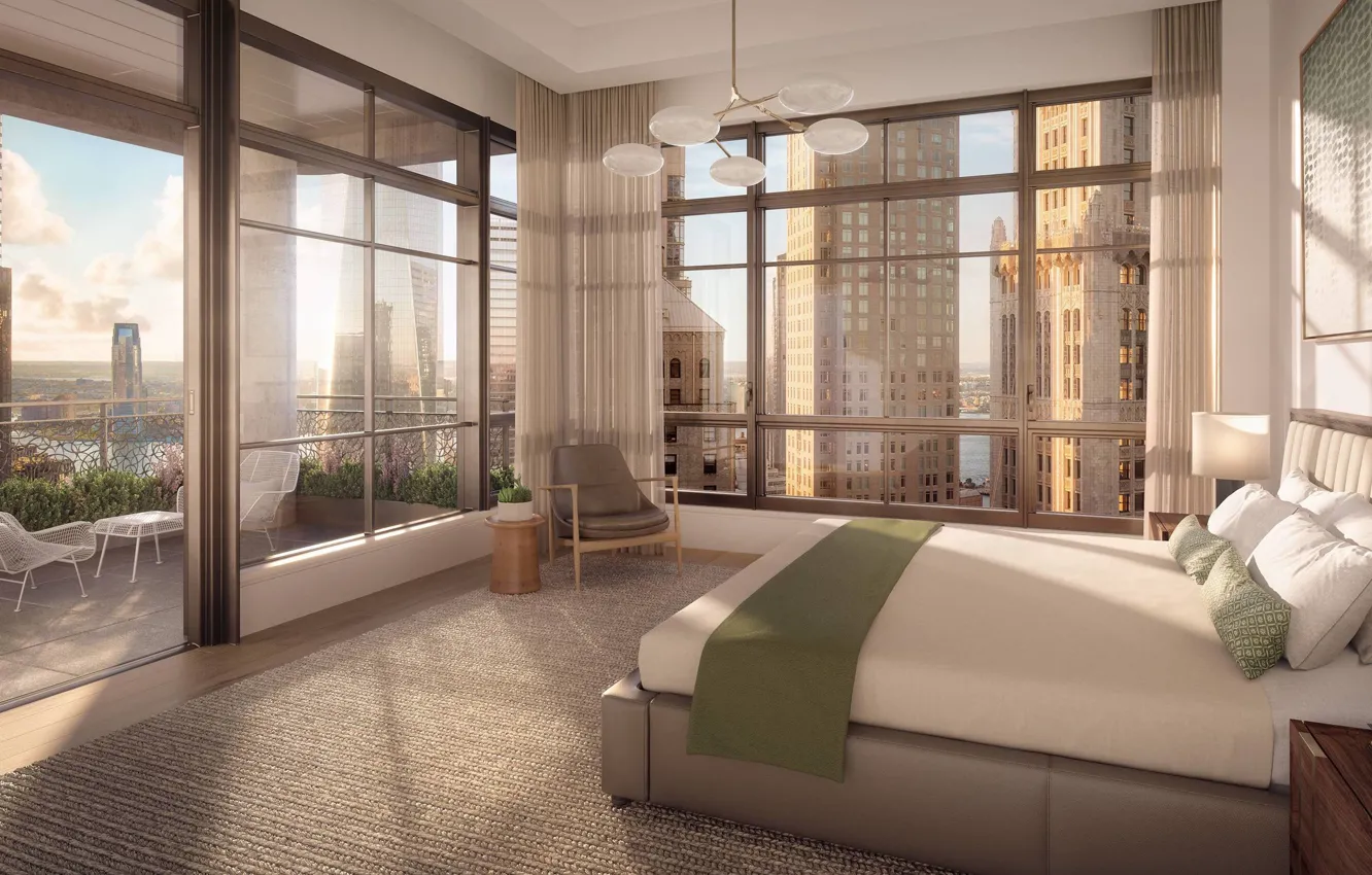 Photo wallpaper room, interior, balcony, megapolis, bedroom, New York, 25 Park Row in Financial District