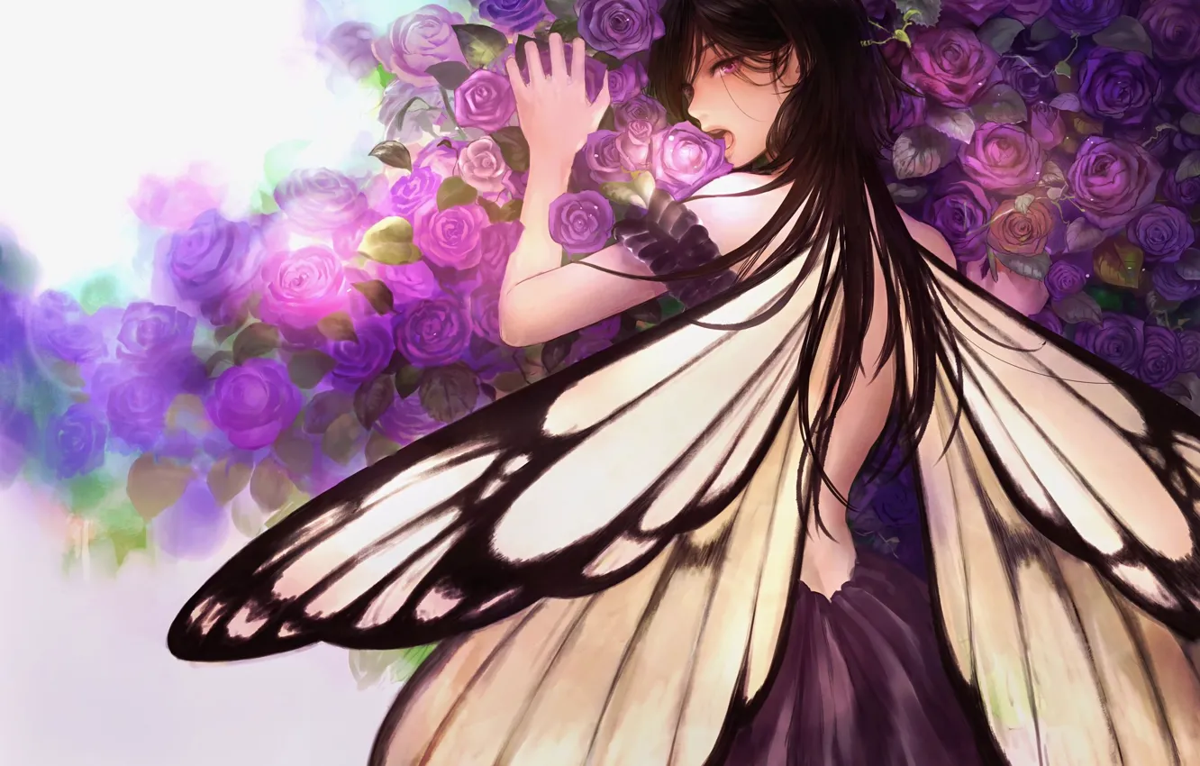 Photo wallpaper flowers, butterfly, anime, art