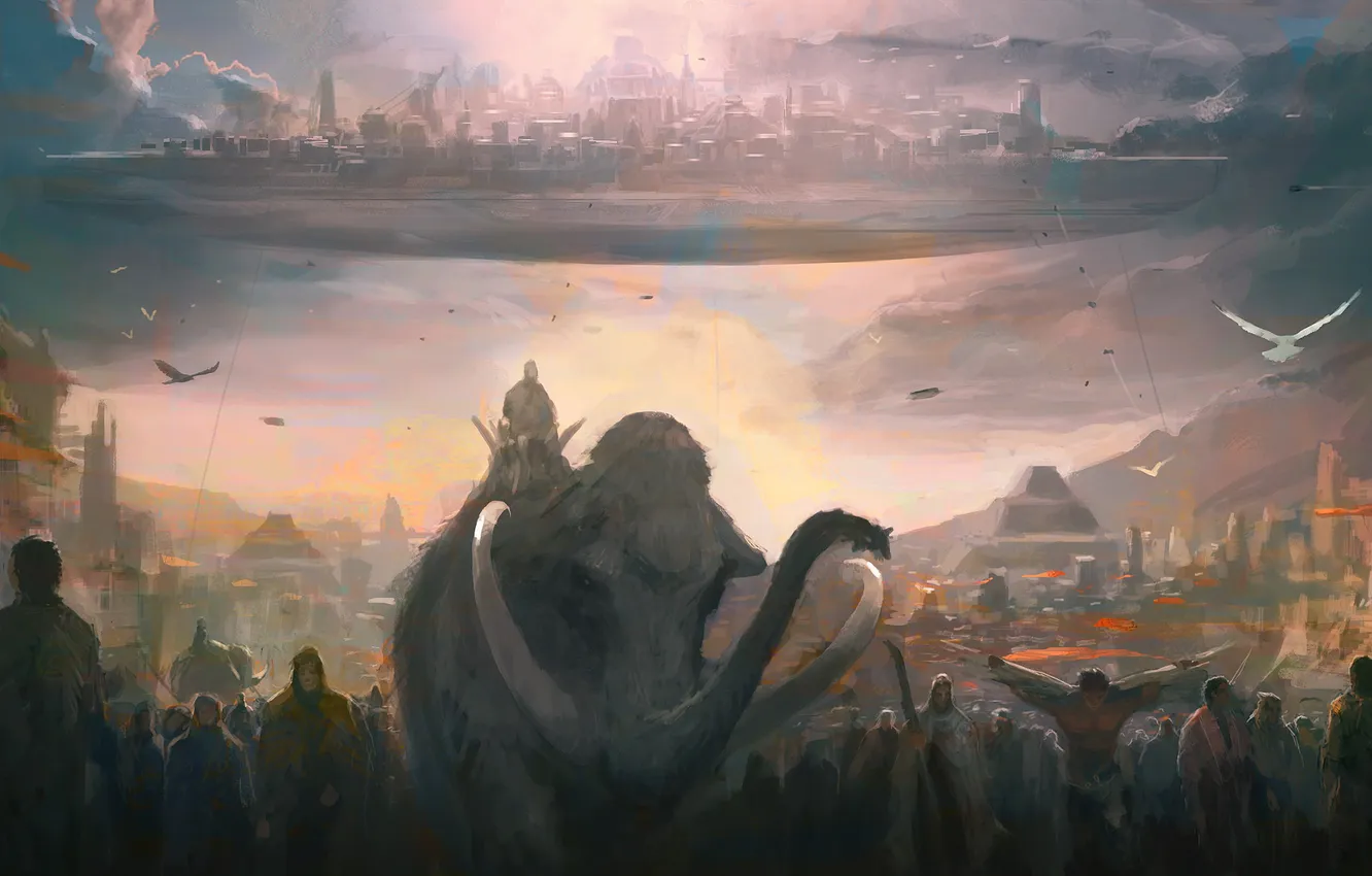 Photo wallpaper the city, people, ship, art, mammoth