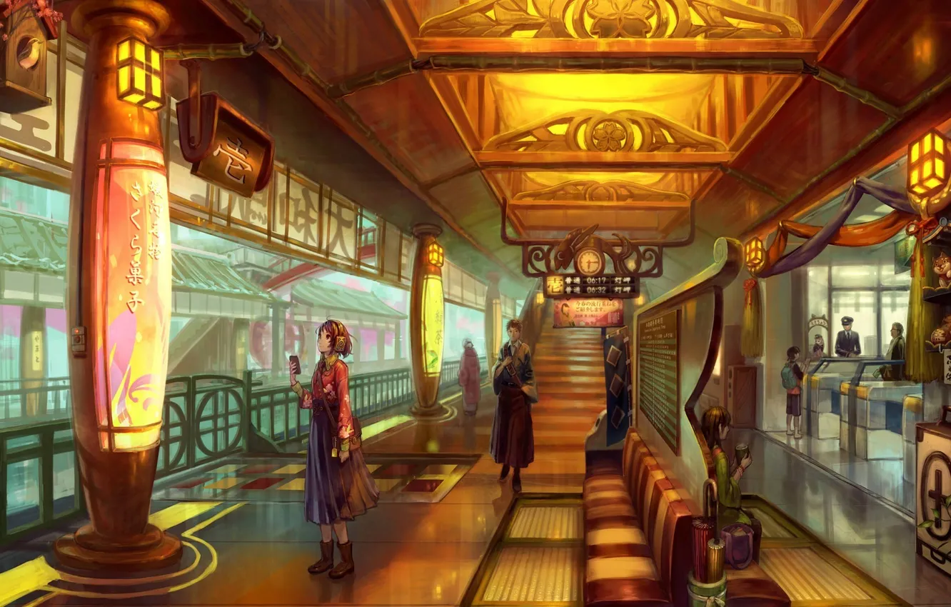 Photo wallpaper girl, sofa, watch, lamp, skirt, headphones, characters, columns