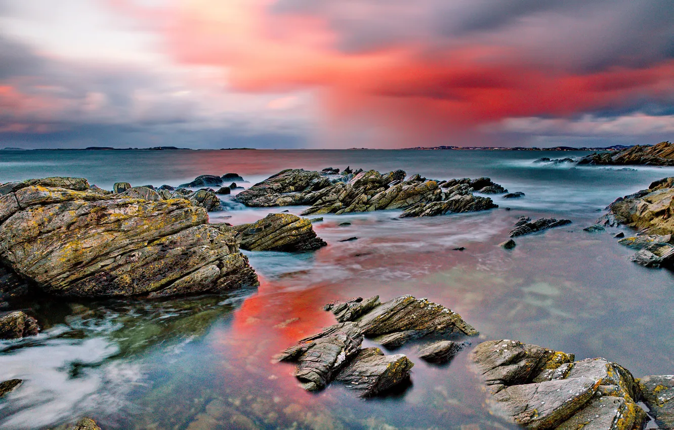 Photo wallpaper sea, clouds, stones, rocks, glow