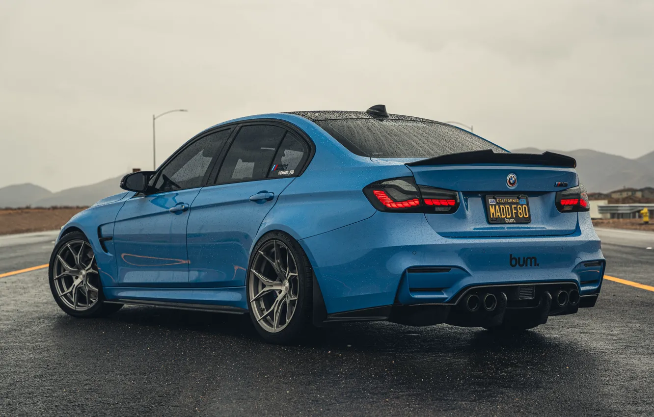 Photo wallpaper BMW, Blue, Rain, BMW M3, Road, Rear