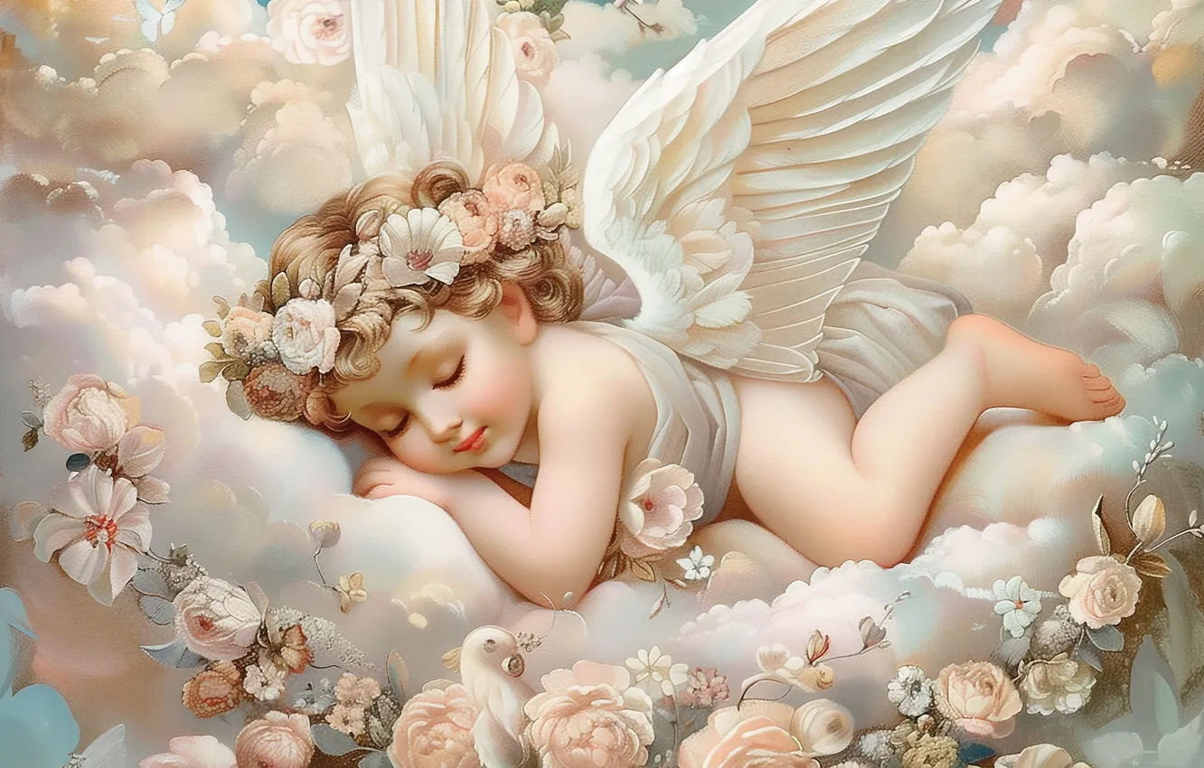 Photo wallpaper clouds, flowers, children, wings, angel, sleeping, girl, digital art