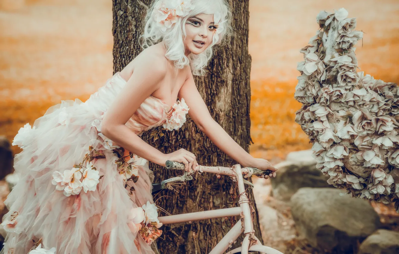 Photo wallpaper girl, flowers, bike, style, makeup, dress, Asian