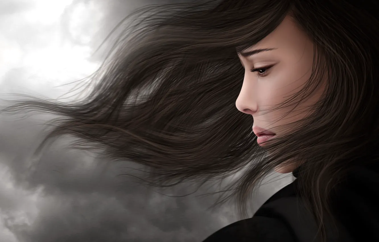 Photo wallpaper sadness, girl, the wind, sadness, hair, brunette, profile
