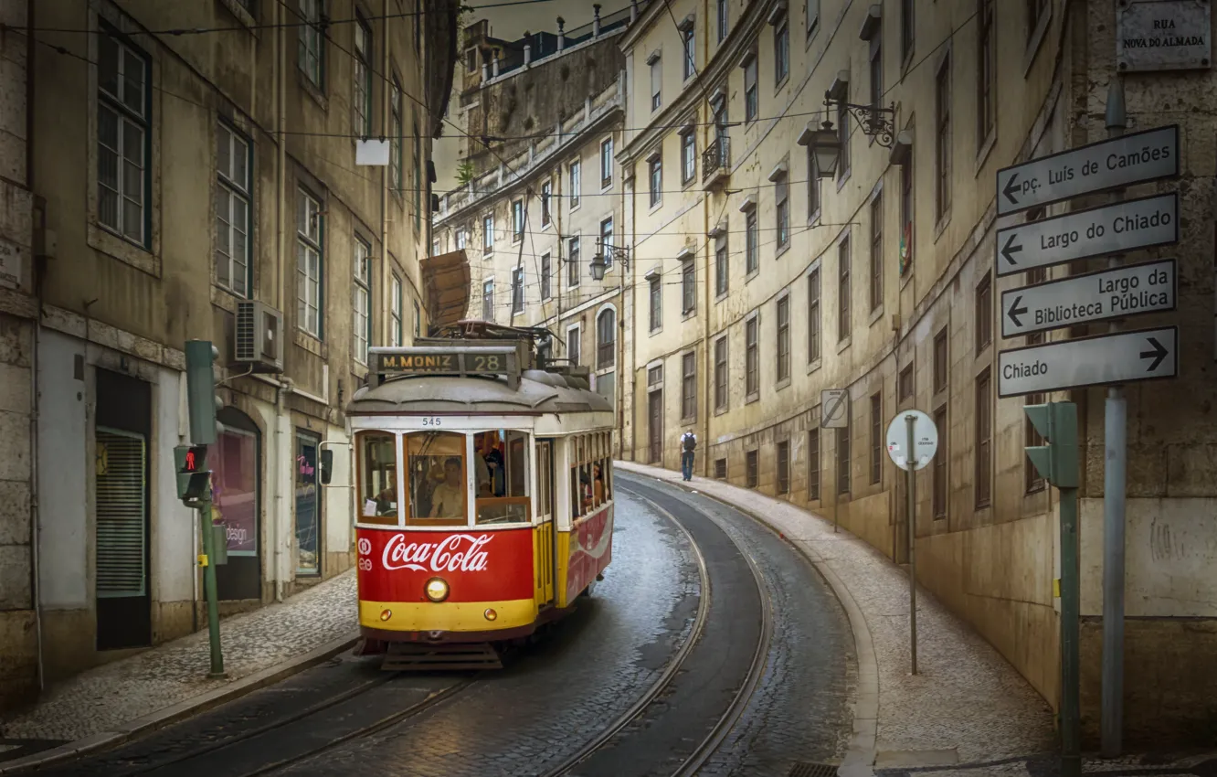 Photo wallpaper the city, street, tram, Portugal, Lisbon