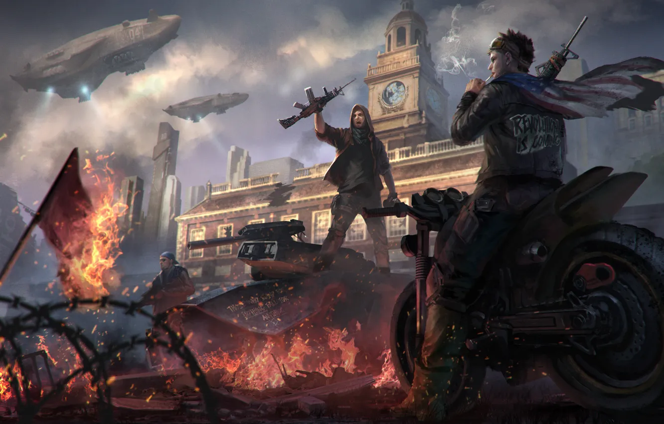 Photo wallpaper fire, art, motorcycle, soldiers, revolution, the uprising, Homefront: The Revolution