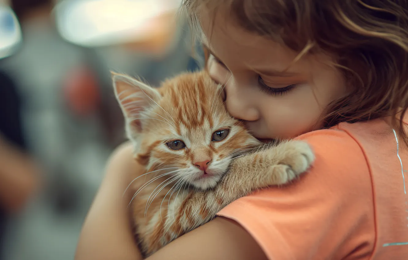 Photo wallpaper cat, face, pose, kitty, child, hand, kiss, red