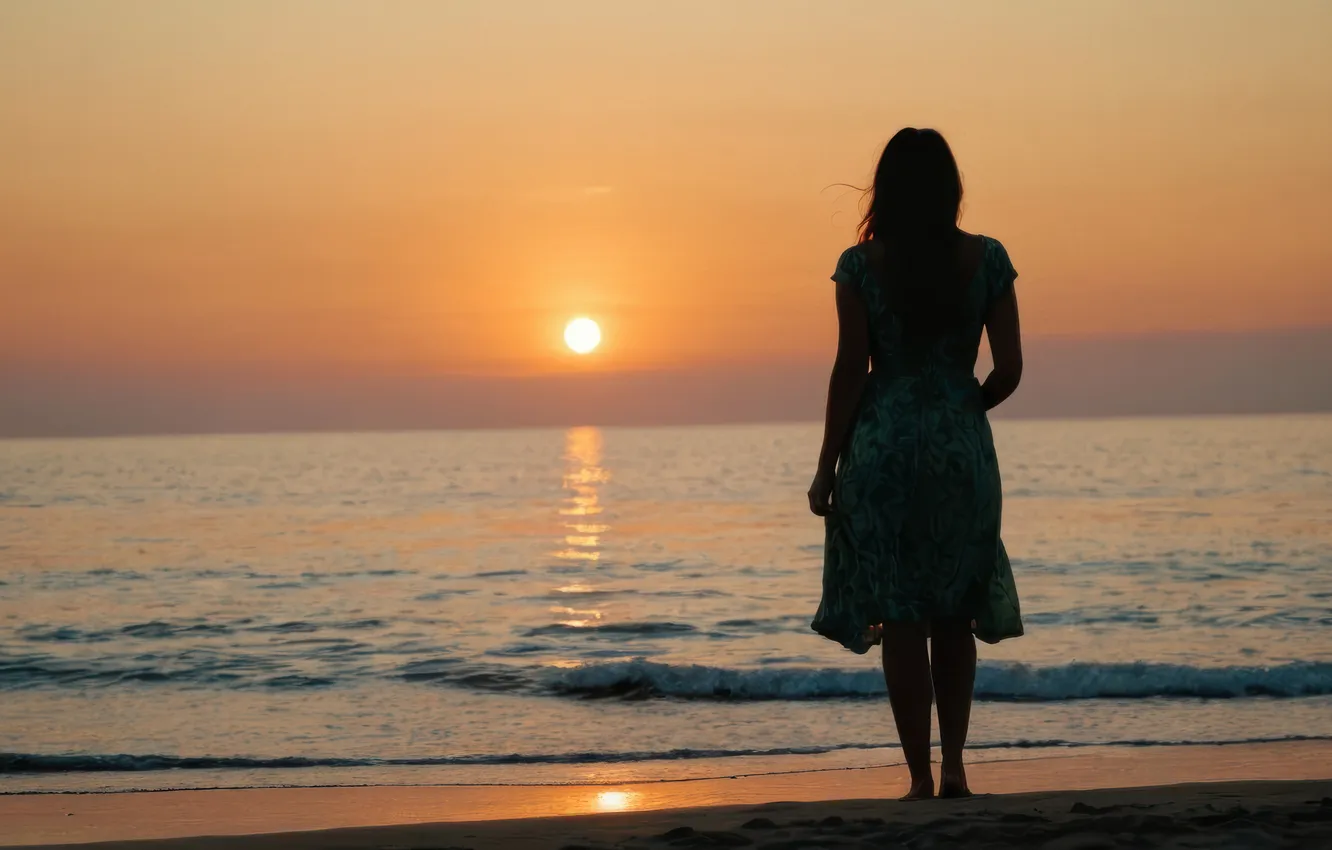 Photo wallpaper sea, wave, beach, girl, the sun, sunset, shore, silhouette