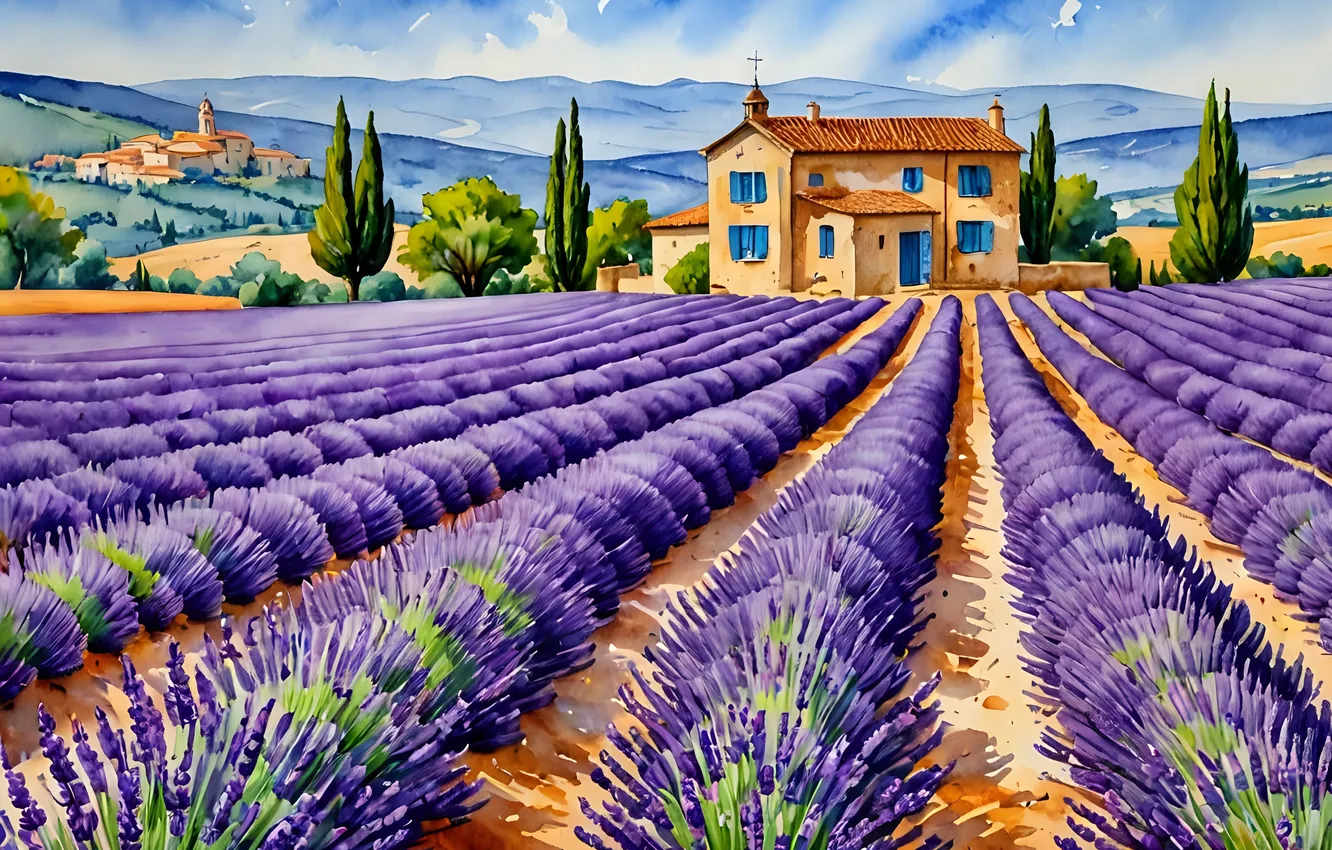 Photo wallpaper field, trees, flowers, hills, home, dal, lavender, plantation