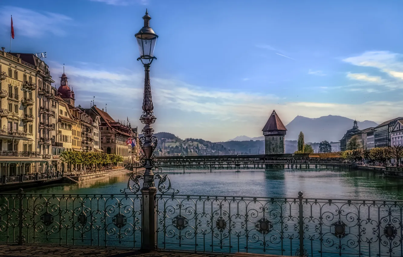 Photo wallpaper bridge, river, building, tower, home, Switzerland, lights, Switzerland
