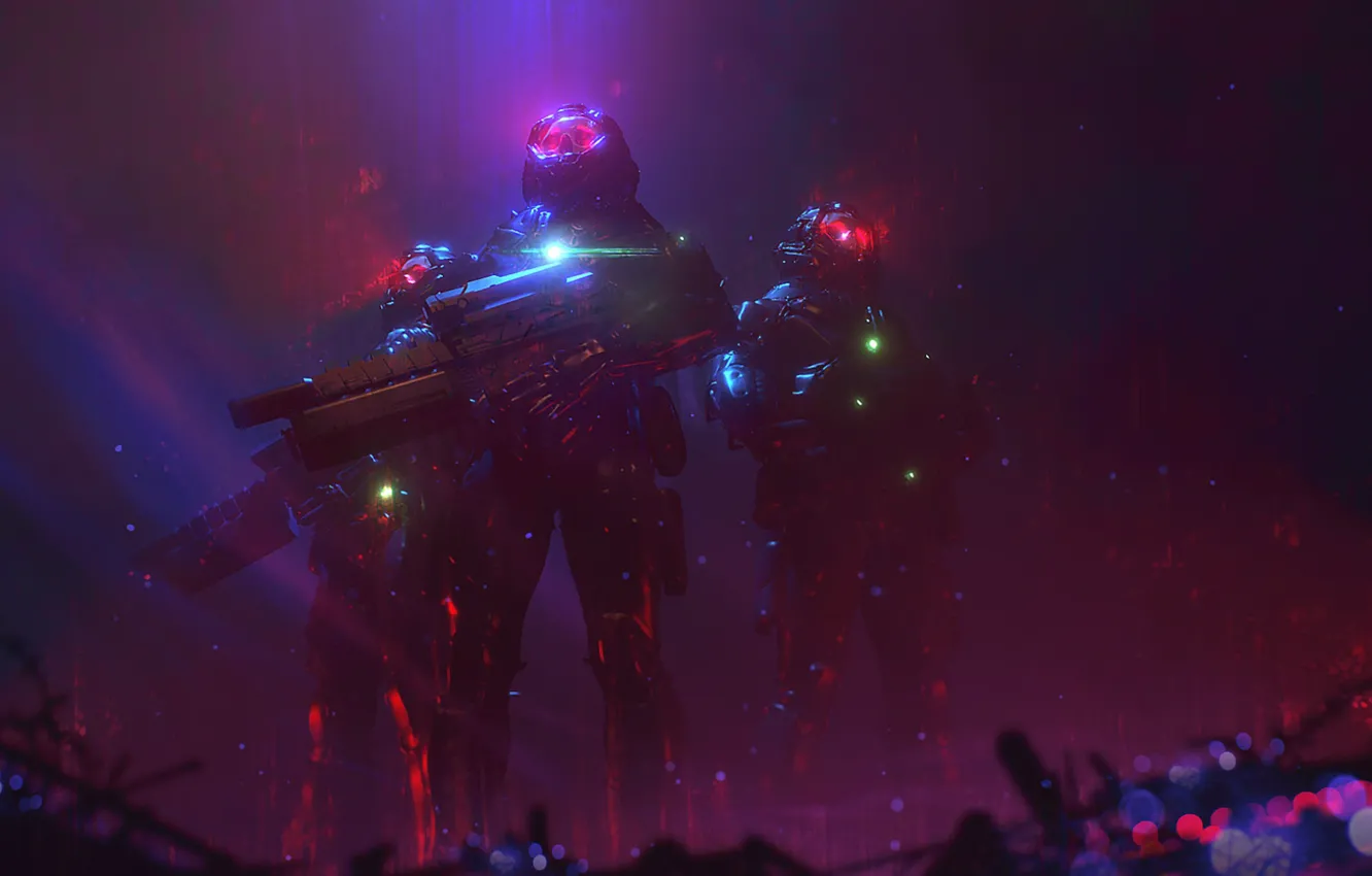 Photo wallpaper weapons, fiction, the suit, soldiers, costume, fantasy, art, Illustration