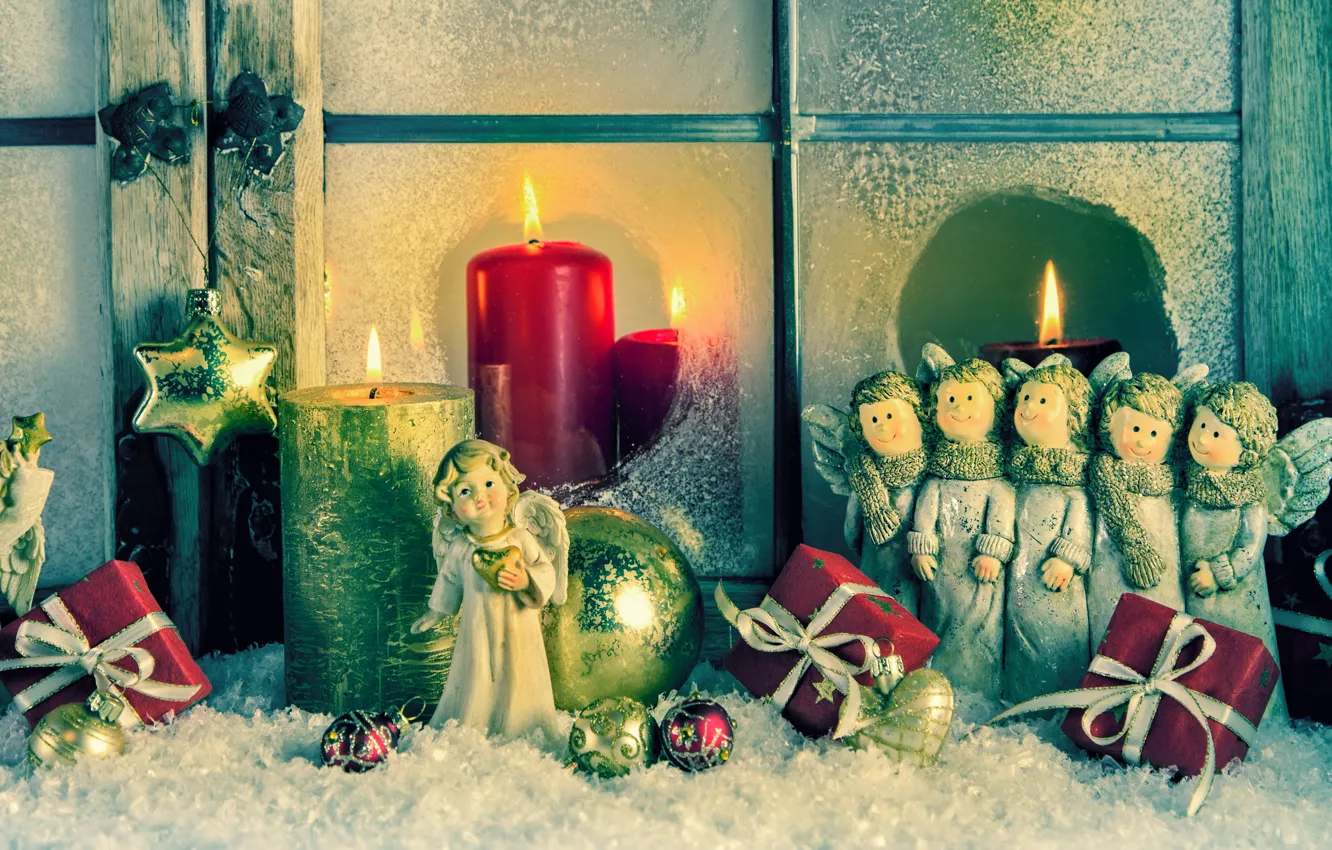 Photo wallpaper decoration, toys, candles, angels, New Year, Christmas, Christmas, vintage