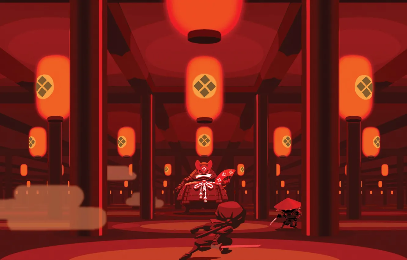 Photo wallpaper katana, fan, lights, columns, temple, the fight, Mini Ninjas