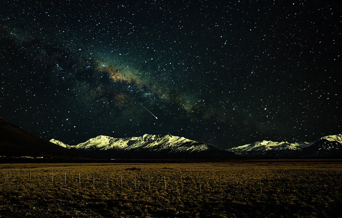 Photo wallpaper space, stars, snow, mountains, the fence, field, The Milky Way, secrets