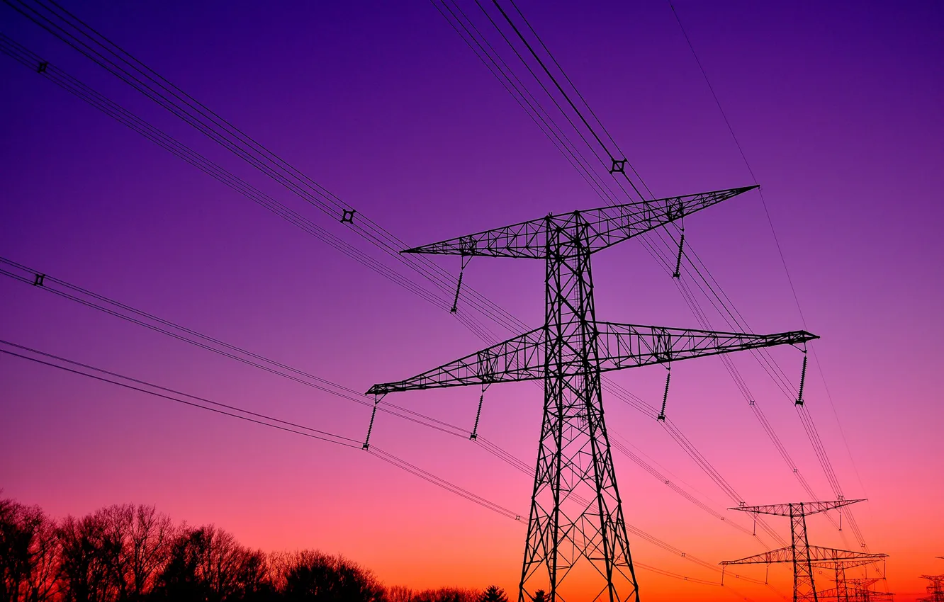 Photo wallpaper the sky, trees, sunset, wire, silhouette, support, glow, power lines