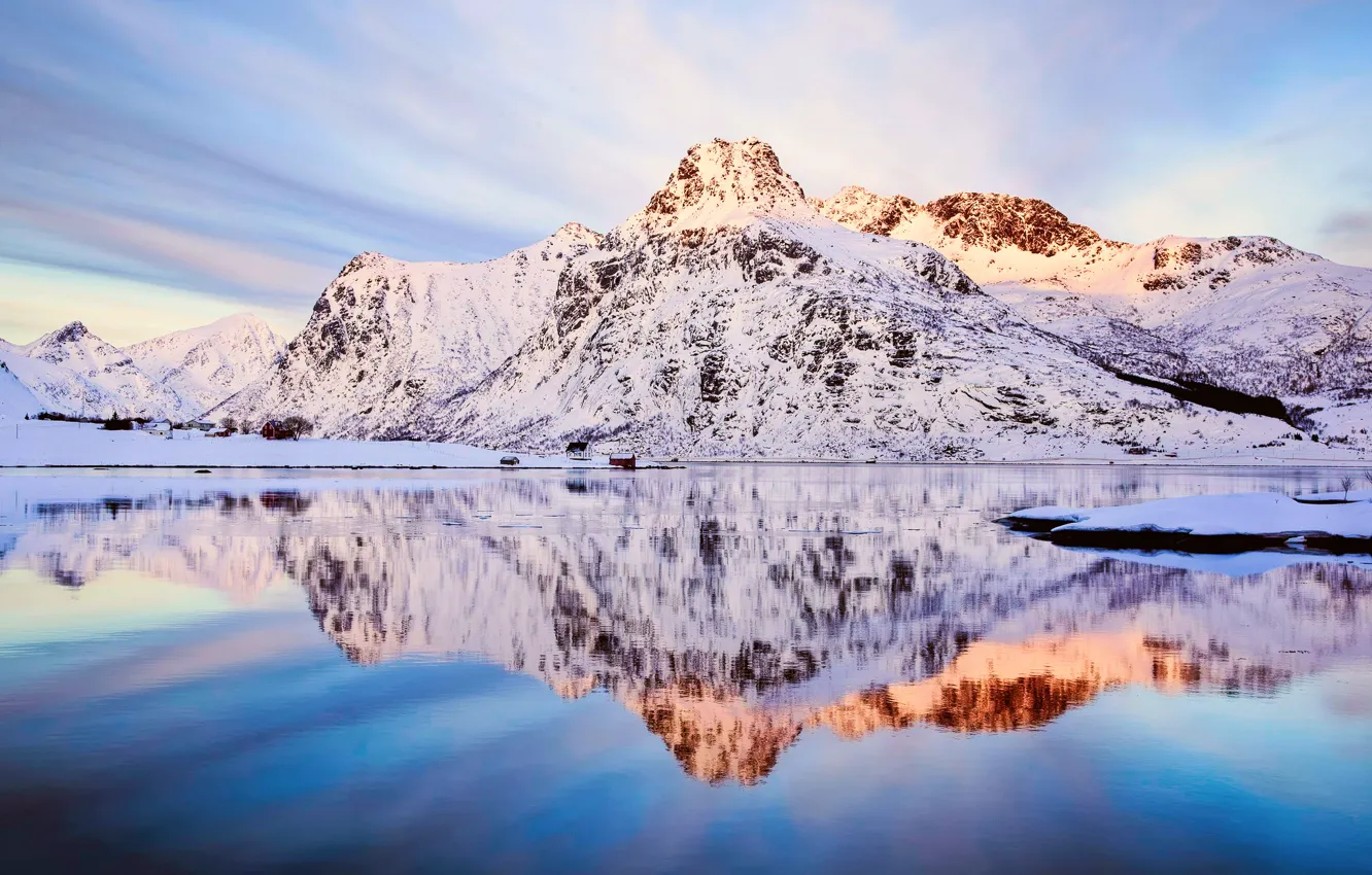 Photo wallpaper winter, the sky, snow, mountains, reflection, Norway, Flakstadøya Fjord