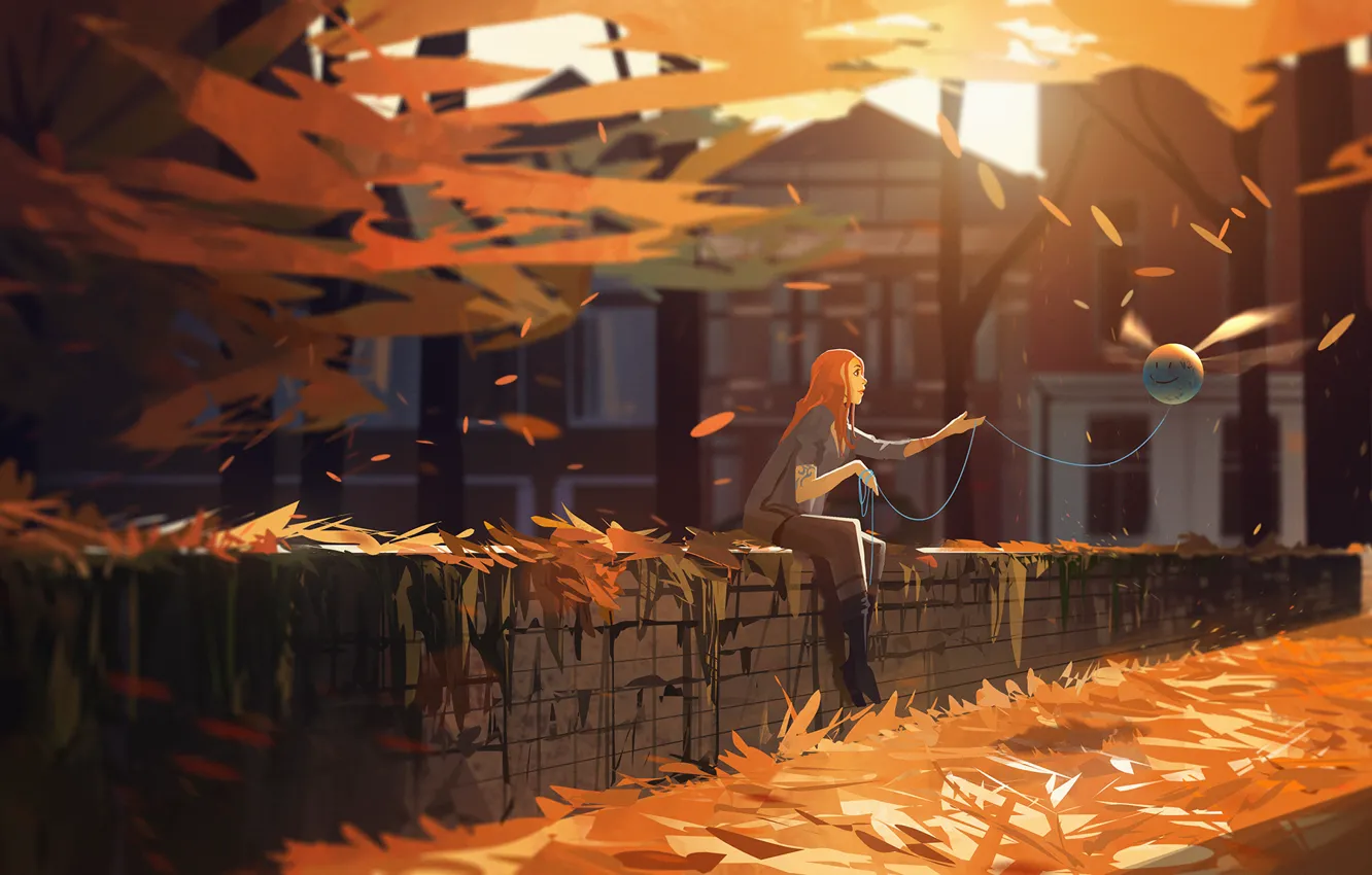 Photo wallpaper autumn, leaves, girl, trees, Park, street