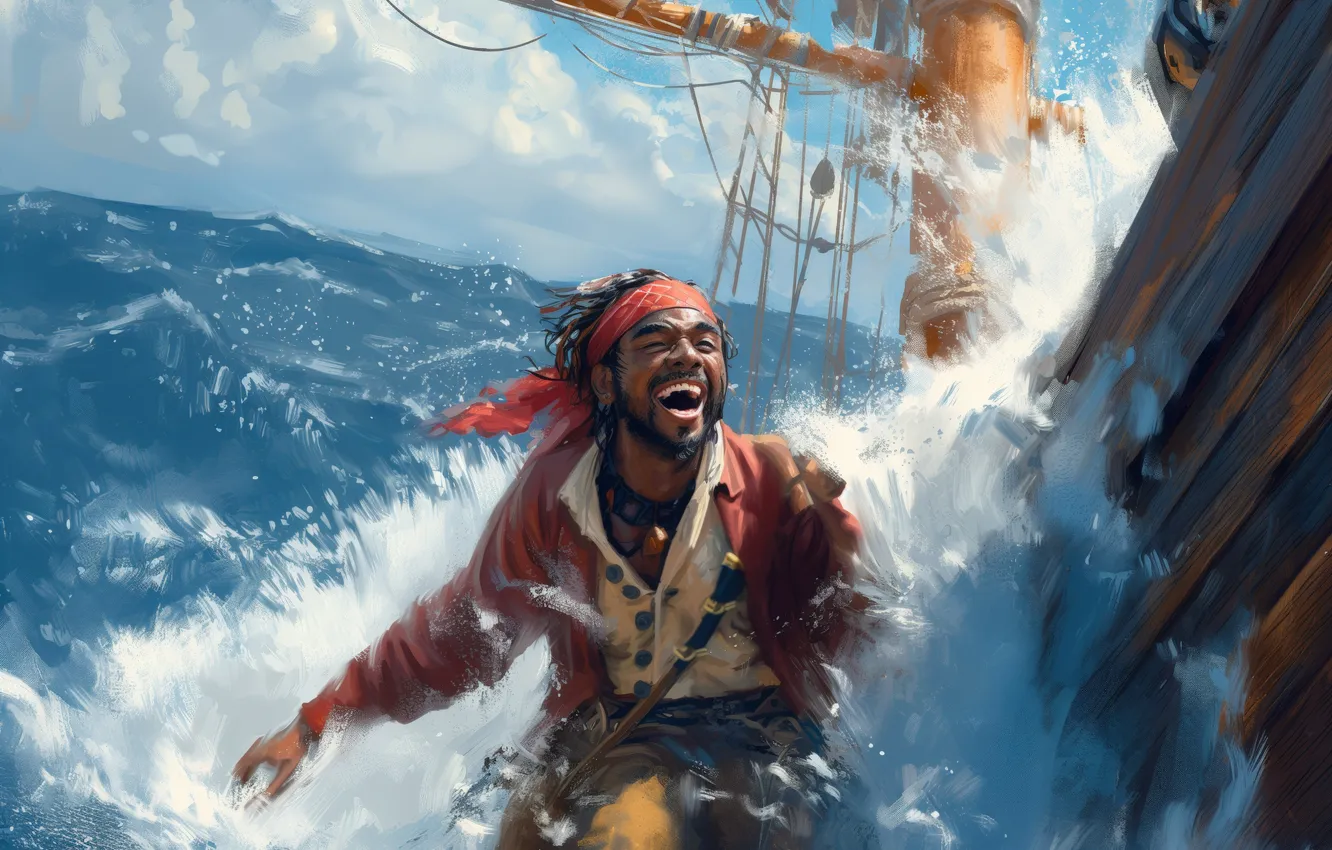 Photo wallpaper wave, smile, ship, pirate, male, digital art, AI art, The Art of Artificial Intelligence