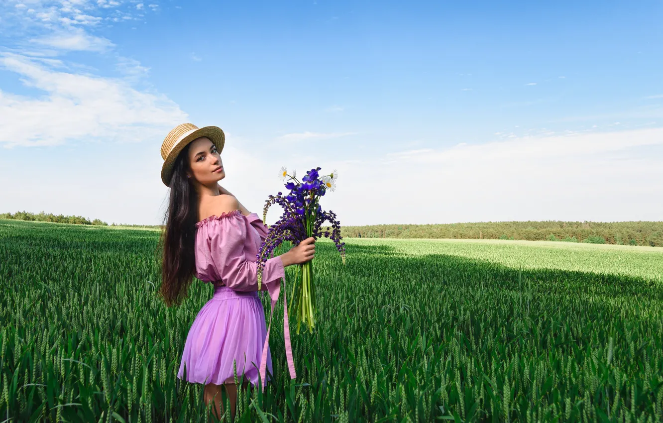 Photo wallpaper field, look, girl, bouquet, hat, Nadin, Dmitry Medved
