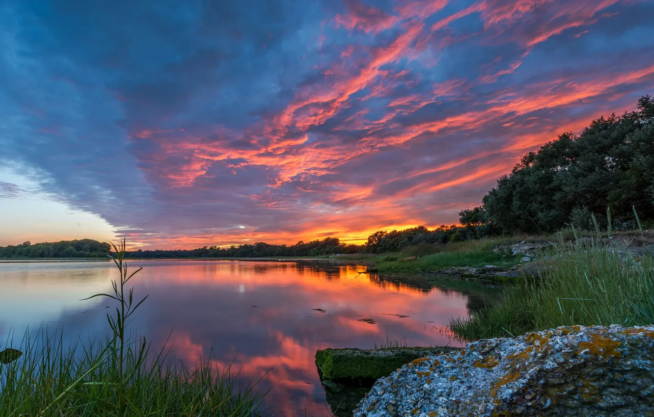 Photo wallpaper the sky, grass, clouds, trees, sunset, stones, shore, England