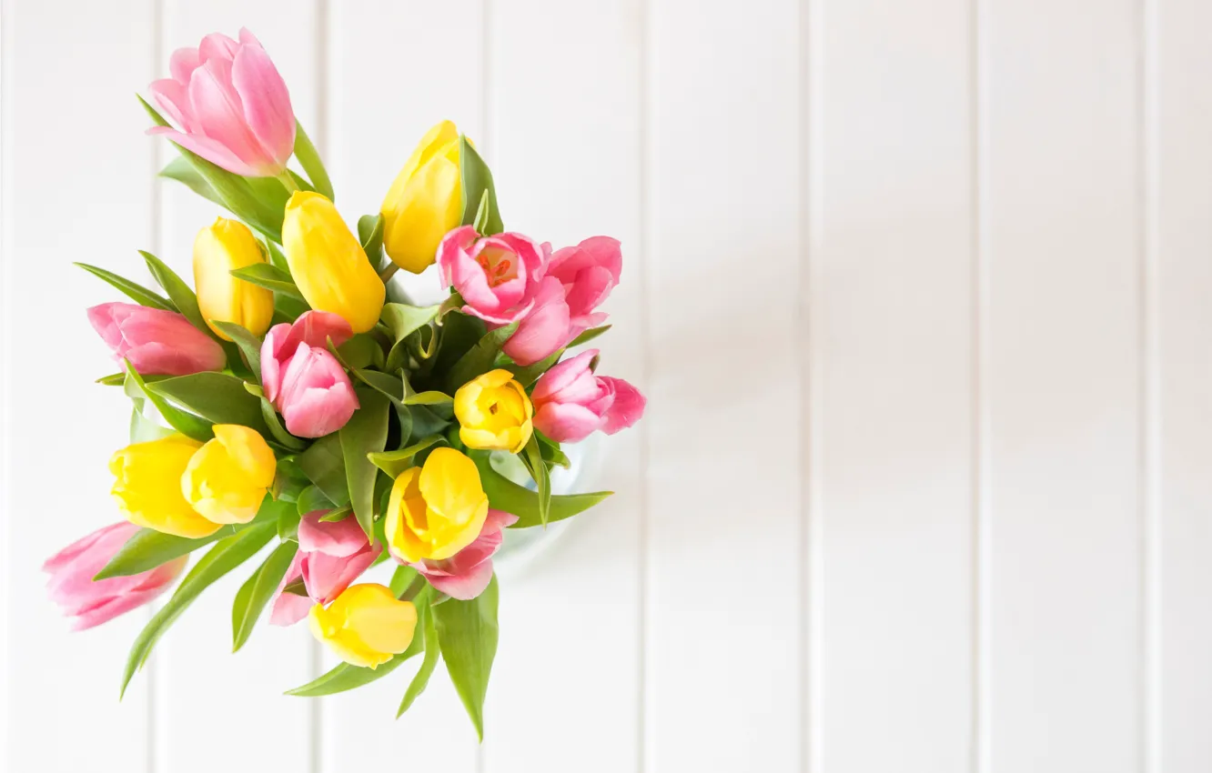 Photo wallpaper flowers, bouquet, spring, yellow, tulips, pink, fresh, yellow