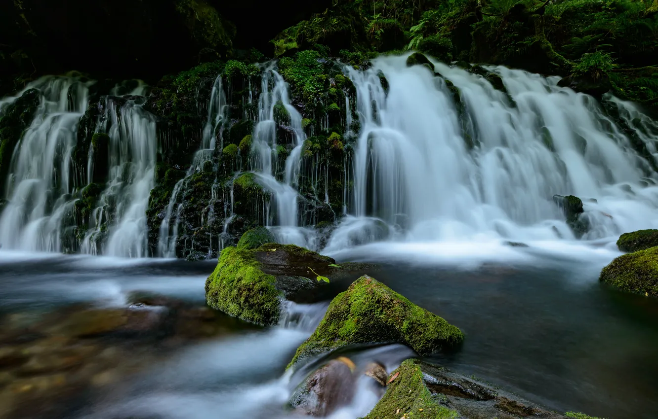 Photo wallpaper water, stones, waterfall, moss, stream, cascade, pond, boulders