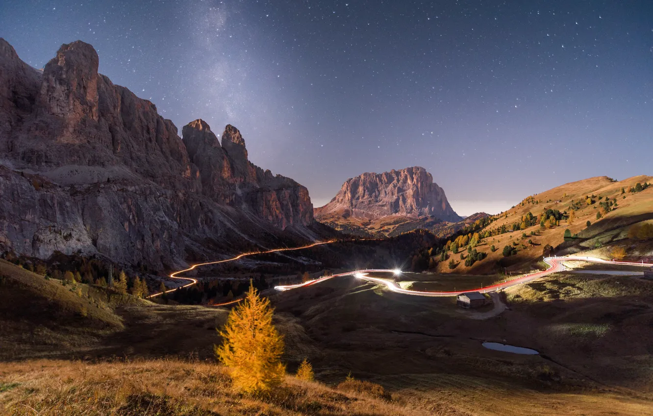 Photo wallpaper road, autumn, forest, the sky, trees, mountains, night, lights