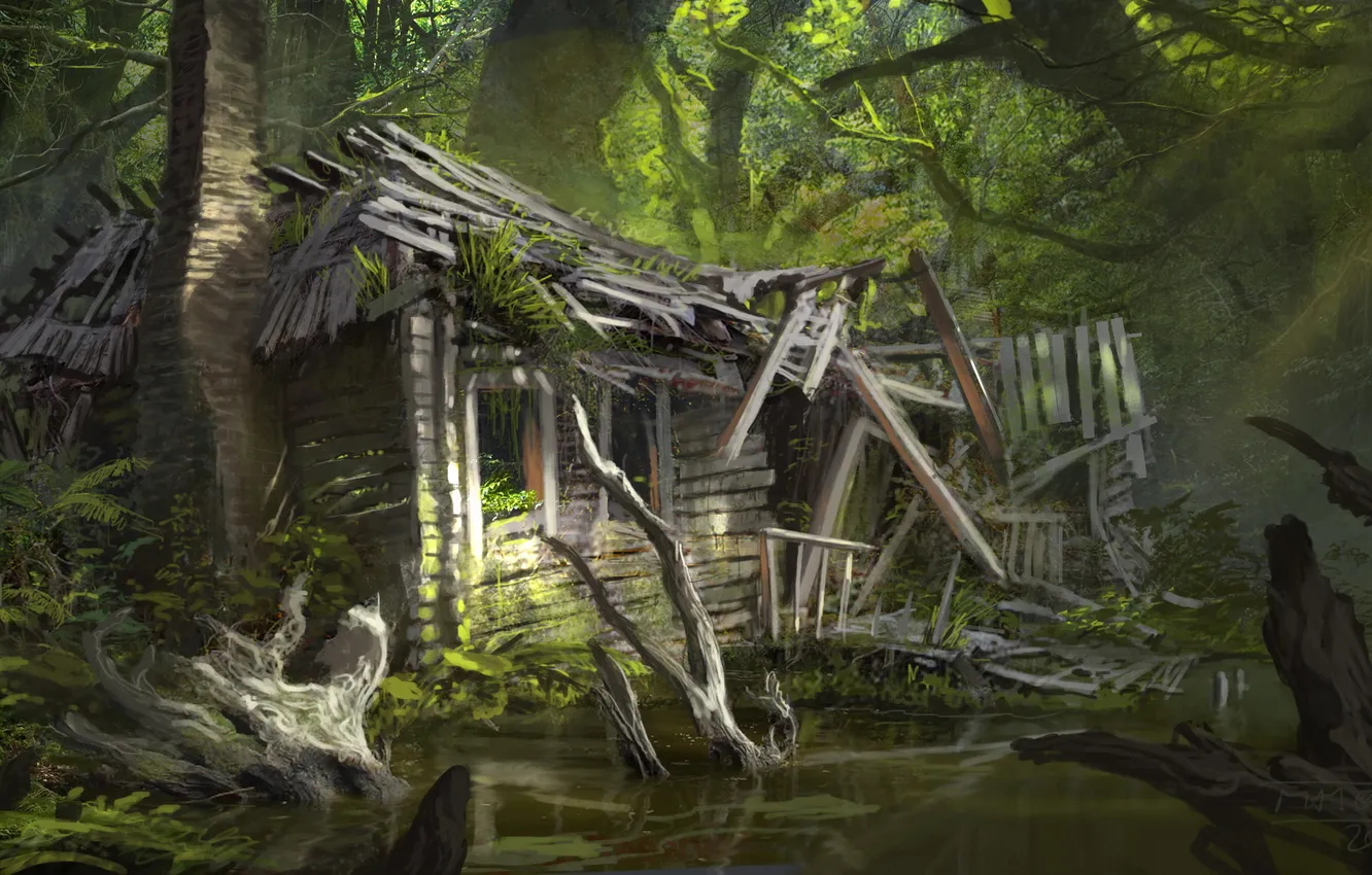 Photo wallpaper trees, swamp, home, art, abandoned, ruins