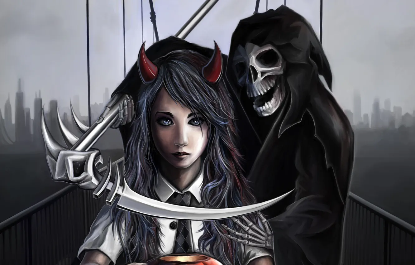 Photo wallpaper girl, bridge, death, braid, horn