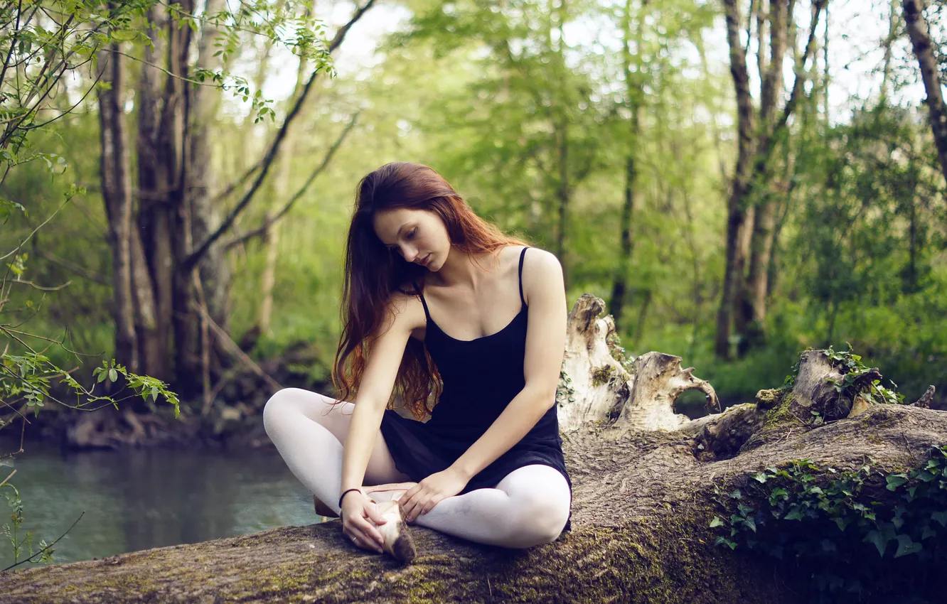 Photo wallpaper girl, trees, river, brown hair, long-haired