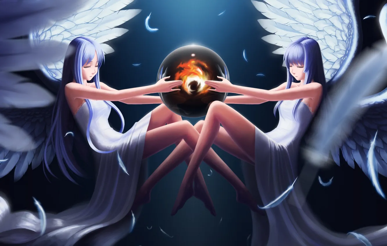Photo wallpaper flame, wings, Girls, feathers, angels, sphere, symmetry