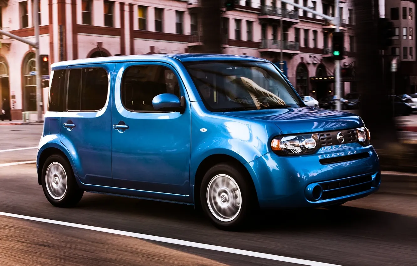Photo wallpaper blue, the city, cube, Nissan, Nissan, the front, cube