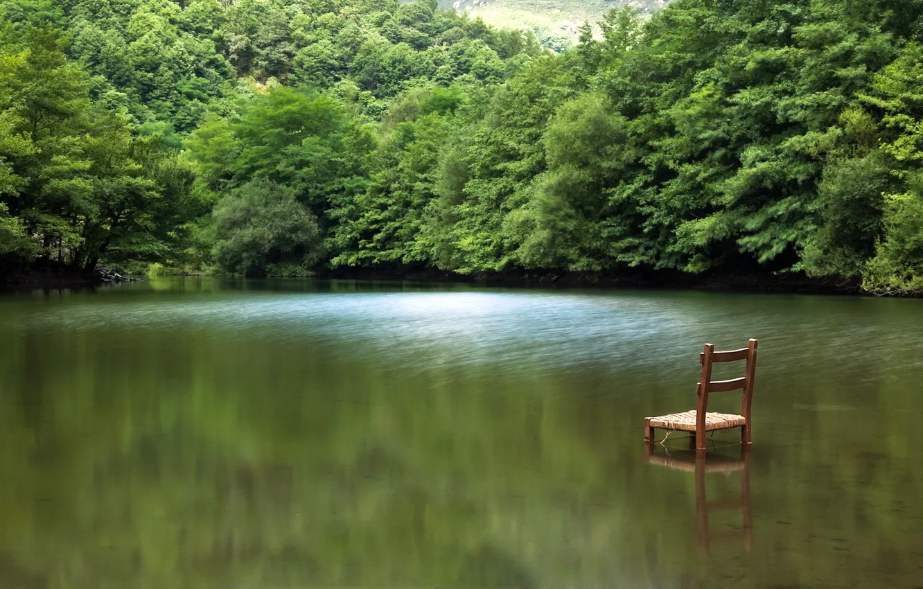 Photo wallpaper nature, lake, chair