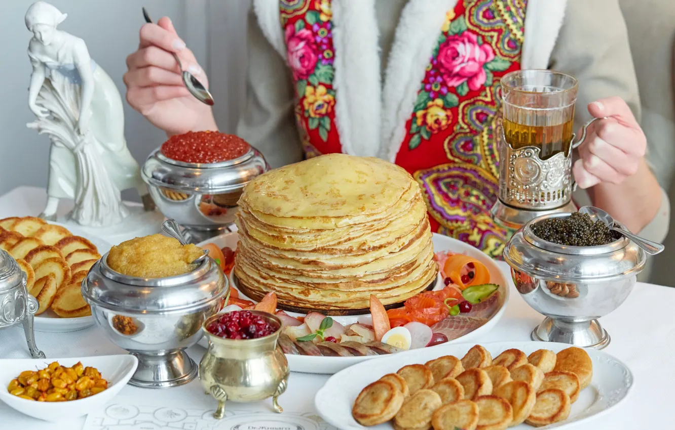 Photo wallpaper tea, pancakes, caviar, cuts, Carnival, cheesecakes