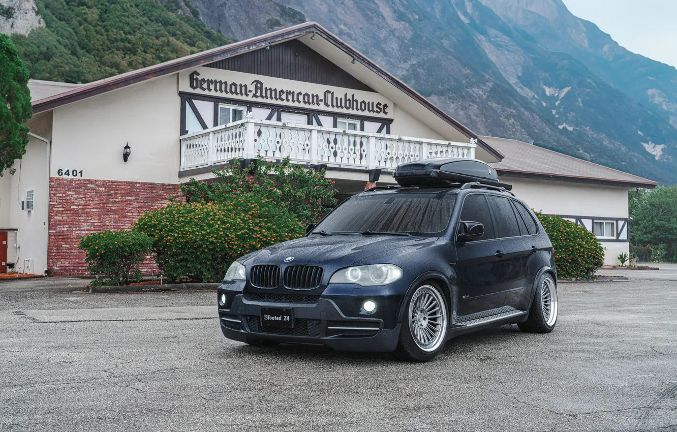 Photo wallpaper BMW, blue, mountain, BMW X5, e70, X5 E70