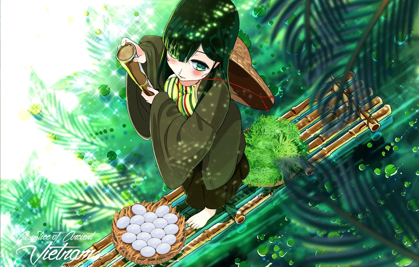 Photo wallpaper greens, look, water, girl, the raft