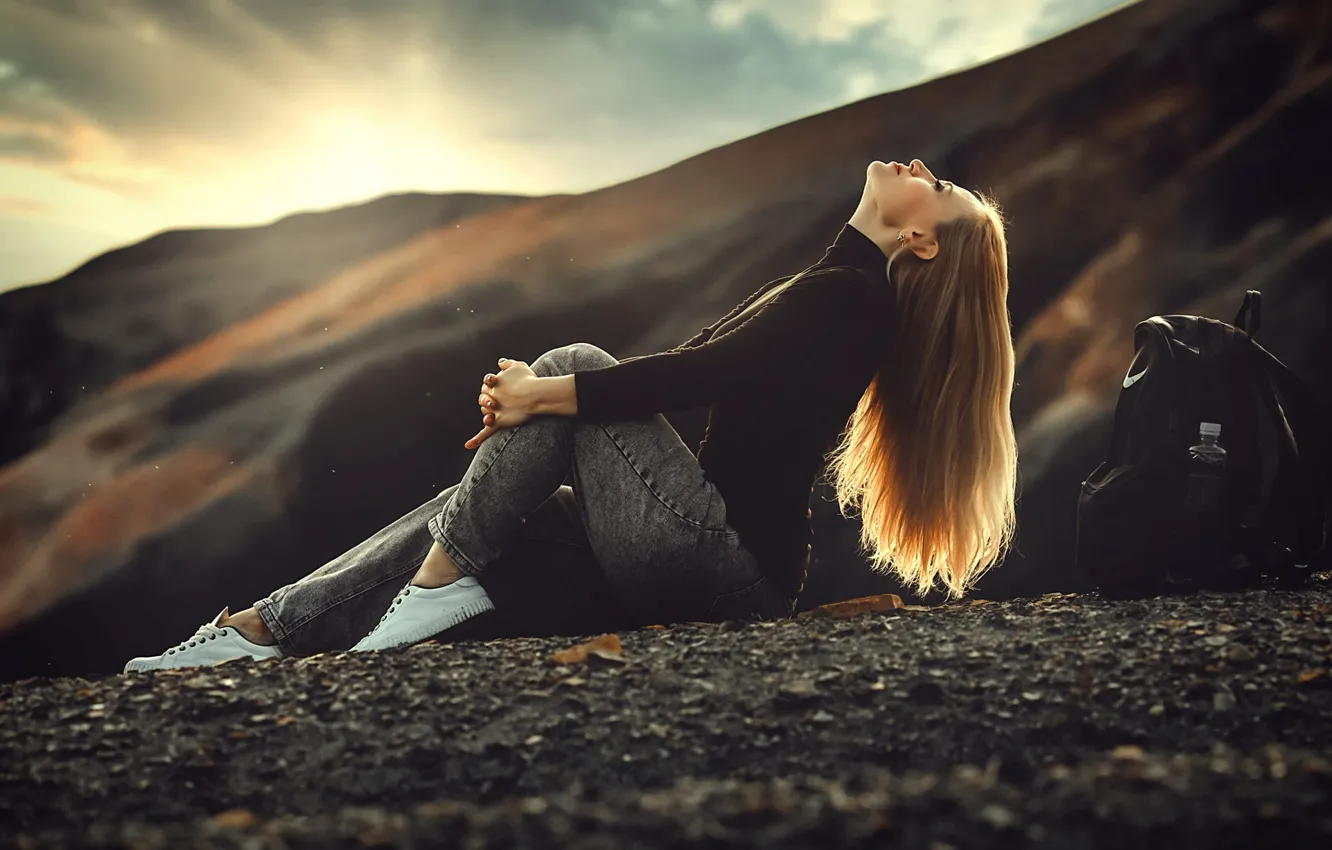 Photo wallpaper the sky, girl, the sun, clouds, light, mountains, pose, stones