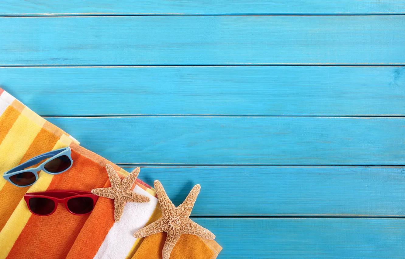 Photo wallpaper Board, towel, glasses, starfish