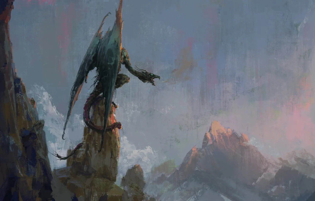 Photo wallpaper the sky, rocks, dragon, wings, fantasy, art, mouth, art