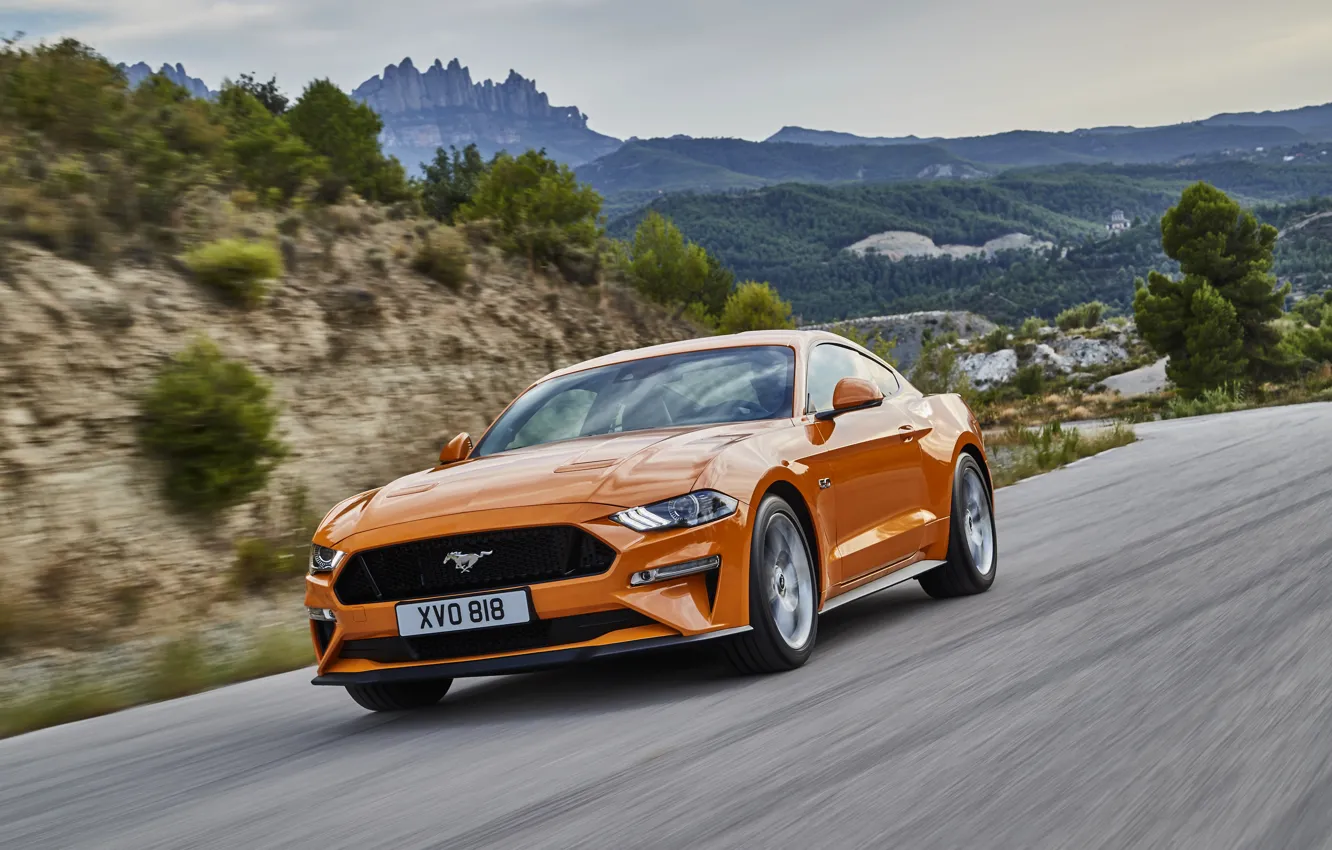 Photo wallpaper road, forest, asphalt, trees, mountains, orange, hills, coupe