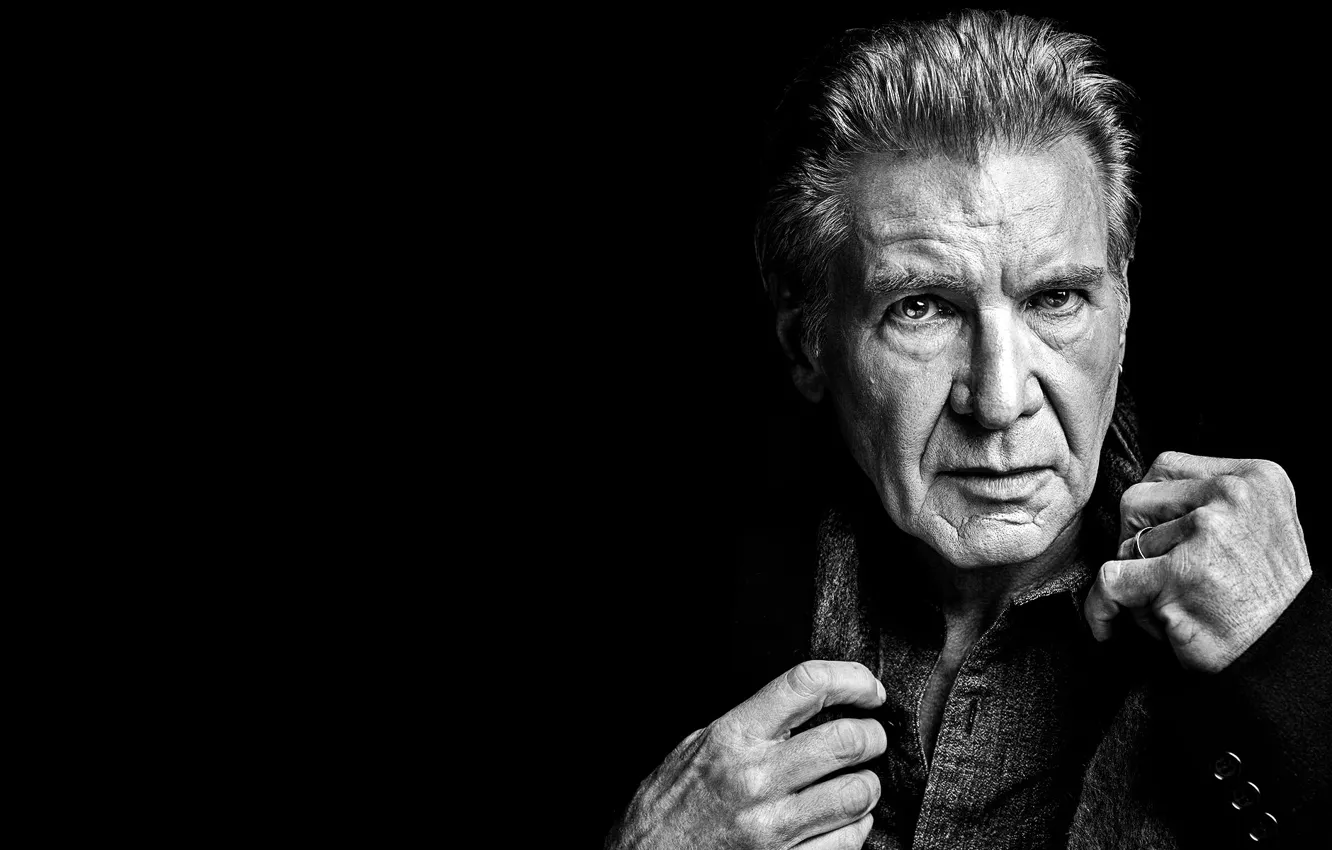 Photo wallpaper actor, black background, model, Harrison Ford, Harrison Ford