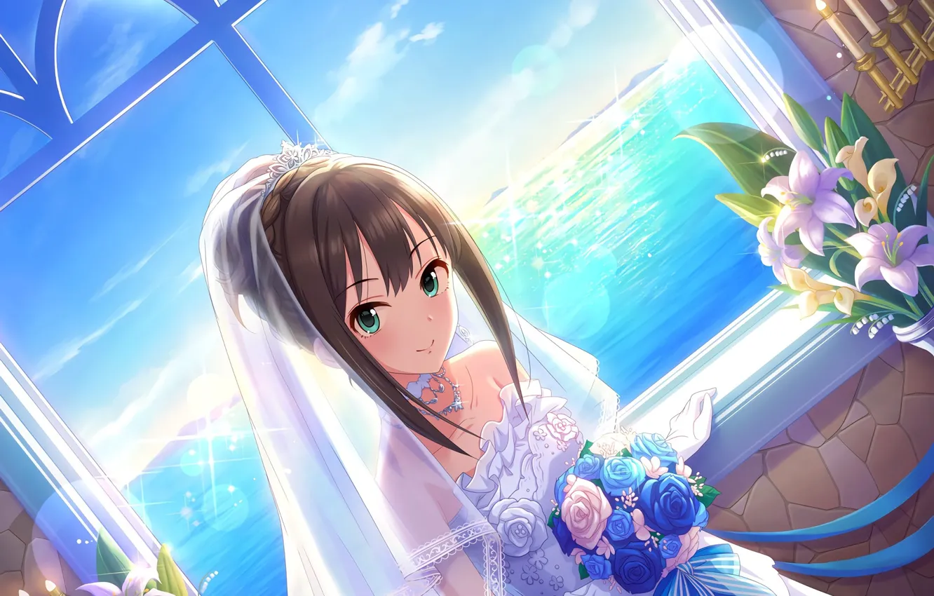 Photo wallpaper sea, Lily, horizon, window, the bride, Diadema, veil, wedding dress