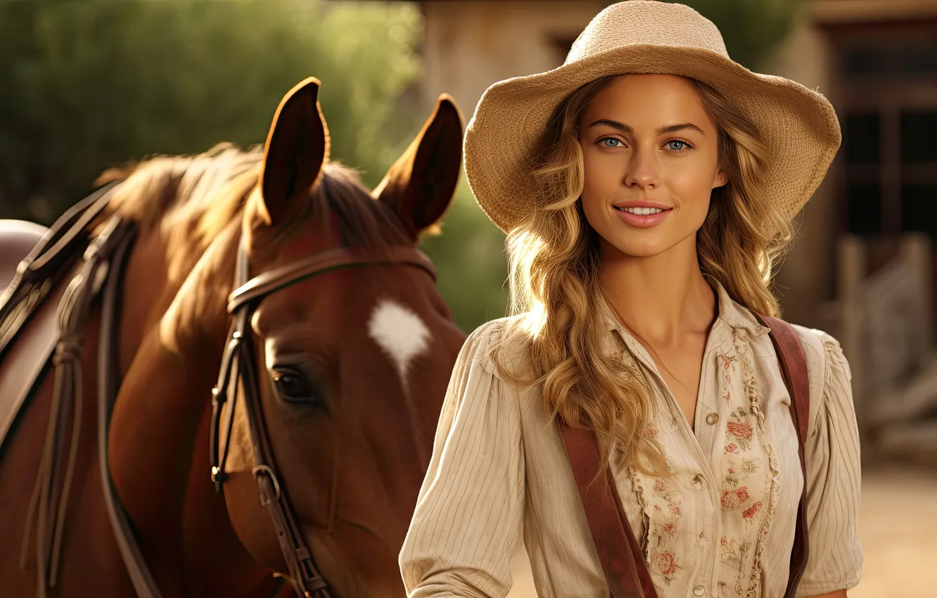 Photo wallpaper look, girl, light, smile, horse, horse, hat, blonde
