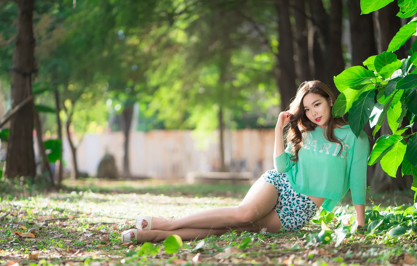 Photo wallpaper girl, Park, Asian, cutie, bokeh