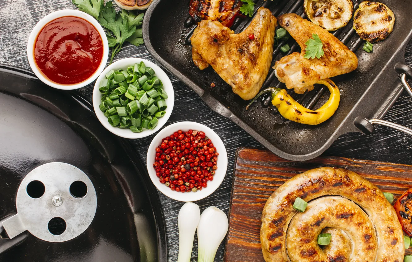 Photo wallpaper greens, wings, bow, pepper, sauce, parsley, sausage, ketchup