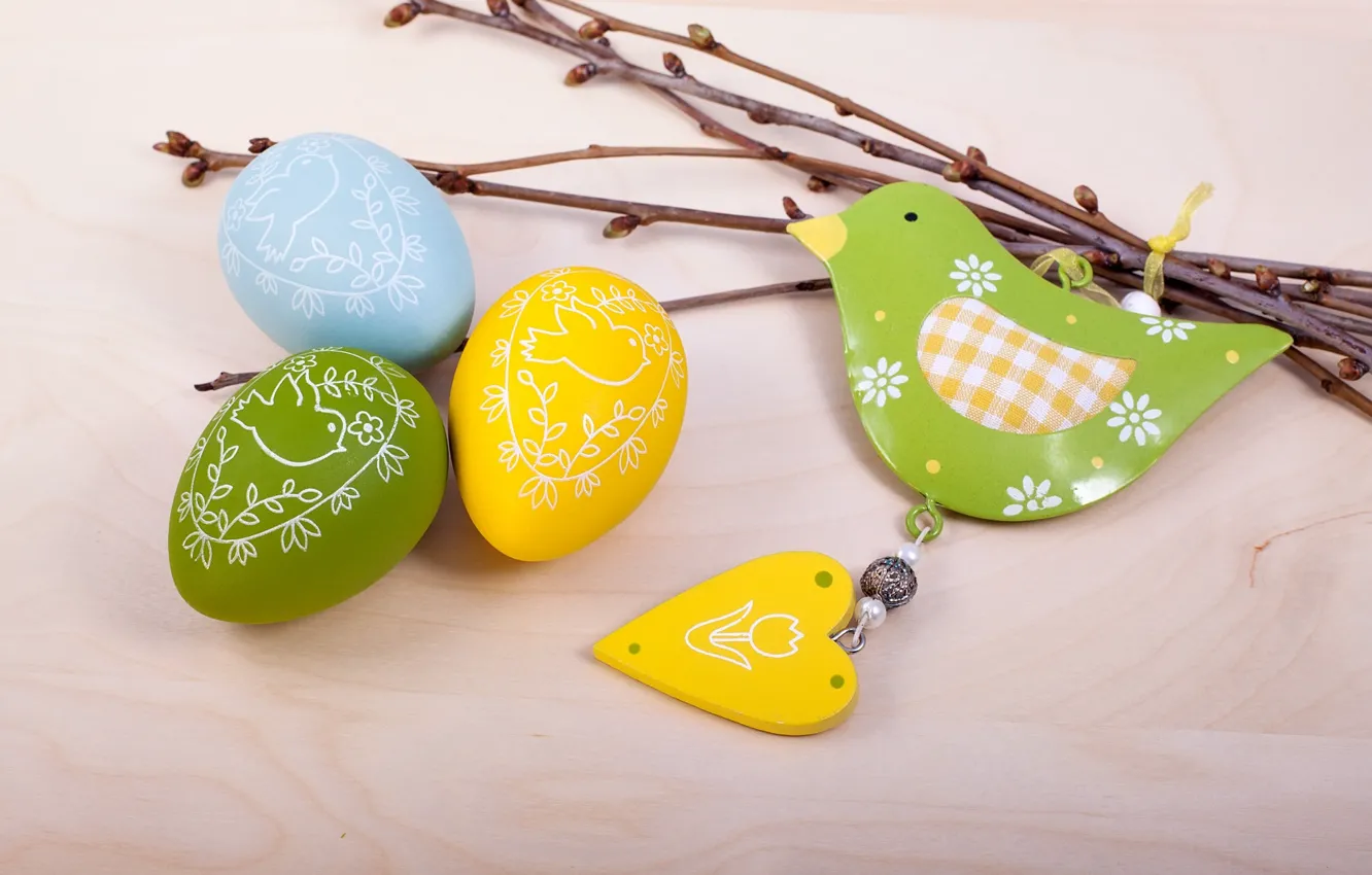 Photo wallpaper branches, holiday, bird, heart, eggs, Easter, figures, Easter