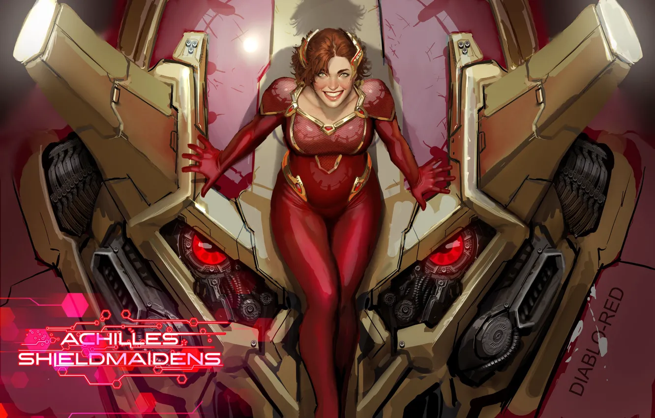 Photo wallpaper girl, smile, costume, red eyes, Red Waves, Shiniez, achilles shieldmaidens, Robot Head
